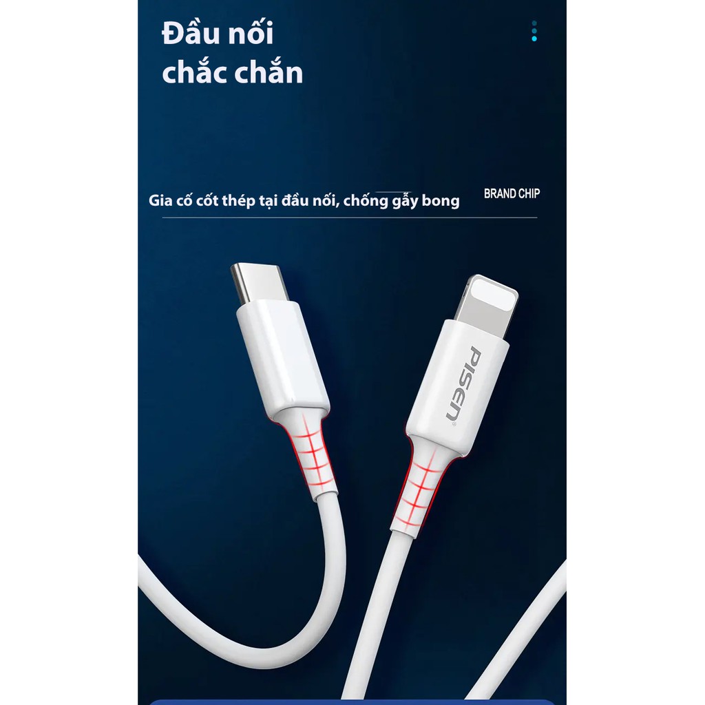 Cáp Pisen Quick Type-C to L 1m / 1,8m , sạc nhanh 3A, model: CL-PD-1000 - Hàng Chính Hãng, bảo hành 6 tháng