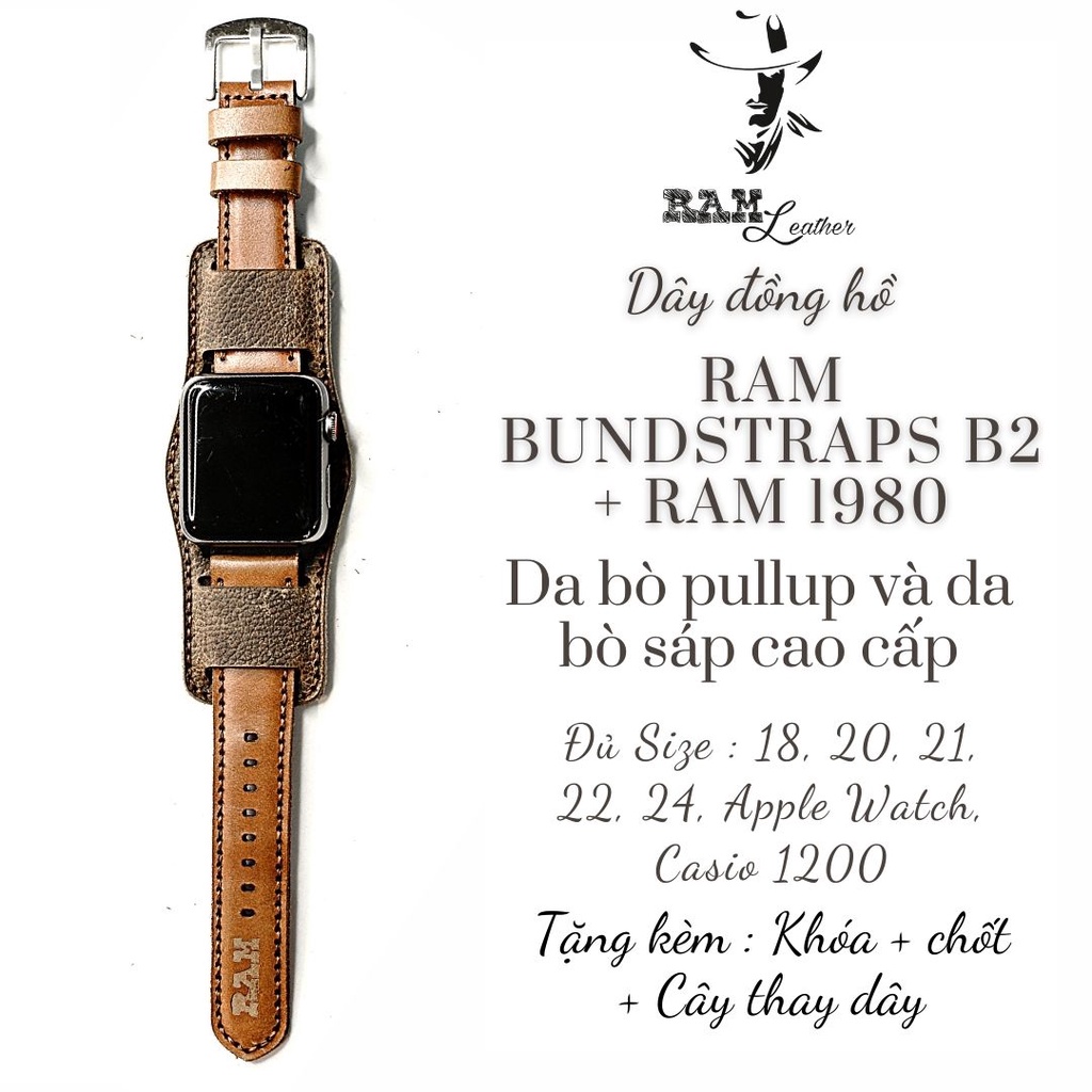 Combo dây đồng hồ da bò nâu đỏ kiểu quân đội cực đẹp RAM Leather B2 1980 - tặng khóa chốt và cây thay dây