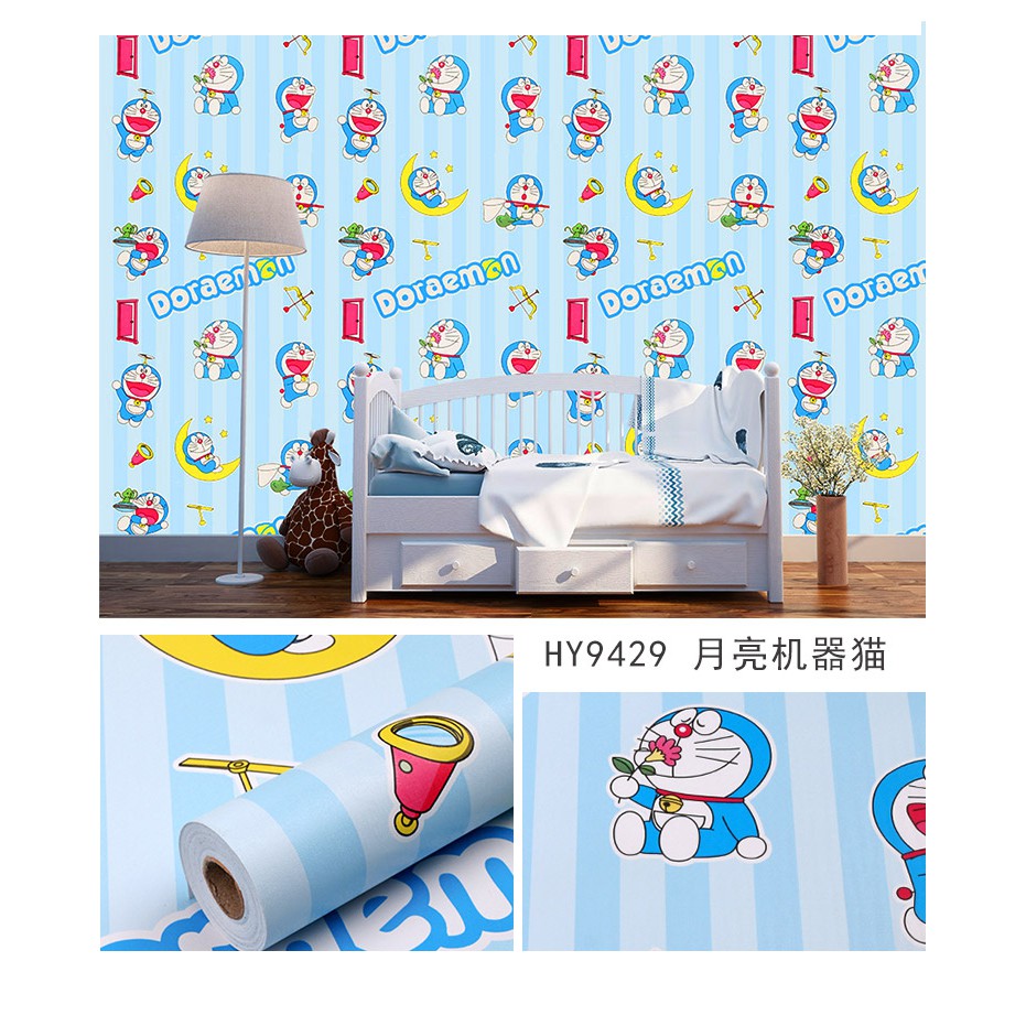 [FREE SHIP] Cuộn 10m Giấy dán tường Đô rê mon kẻ sọc - 10m Decal dán tường DORAEMON kẻ sọc có keo sẵn