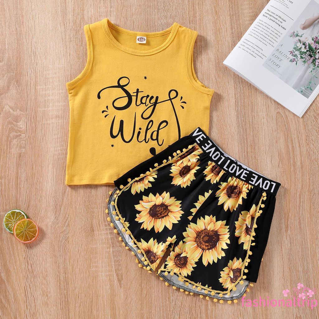 Set Đồ Mùa Hè 2 Món Gồm Áo Tank Top Cổ Tròn In Chữ + Quần Short In Họa Tiết Hoa Hướng Dương / Lá / Da Báo Cho Bé Gái 2-7 Tuổi