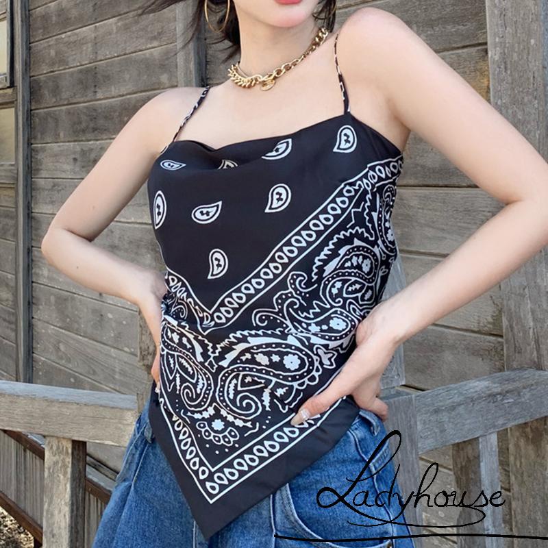 Áo Tank Top Hai Dây Hở Lưng In Họa Tiết Thời Trang Mùa Hè Màu Đen / Xanh Dương Cho Nữ