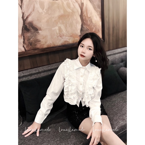 Áo Sơ Mi Croptop Kèm Chân Váy Kim Sa