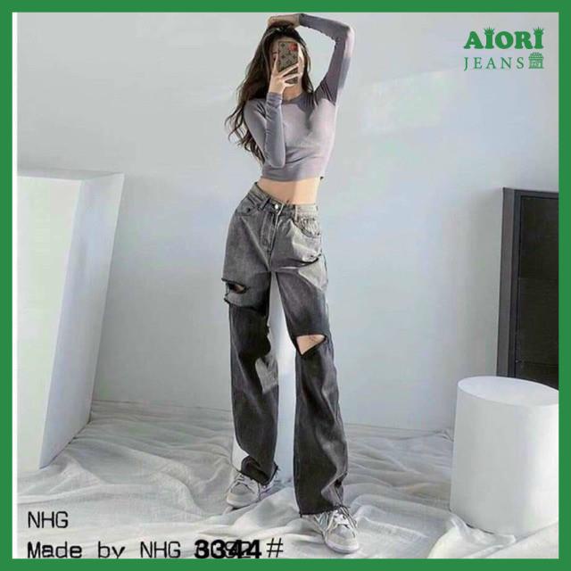 Quần Jean Nữ Aiori Fashion Ống Rộng Lưng Cao Trơn Rách Gối Loang Màu Bò Suông Cạp Cao Thời Trang Hàn Quốc Ulzzang_3325