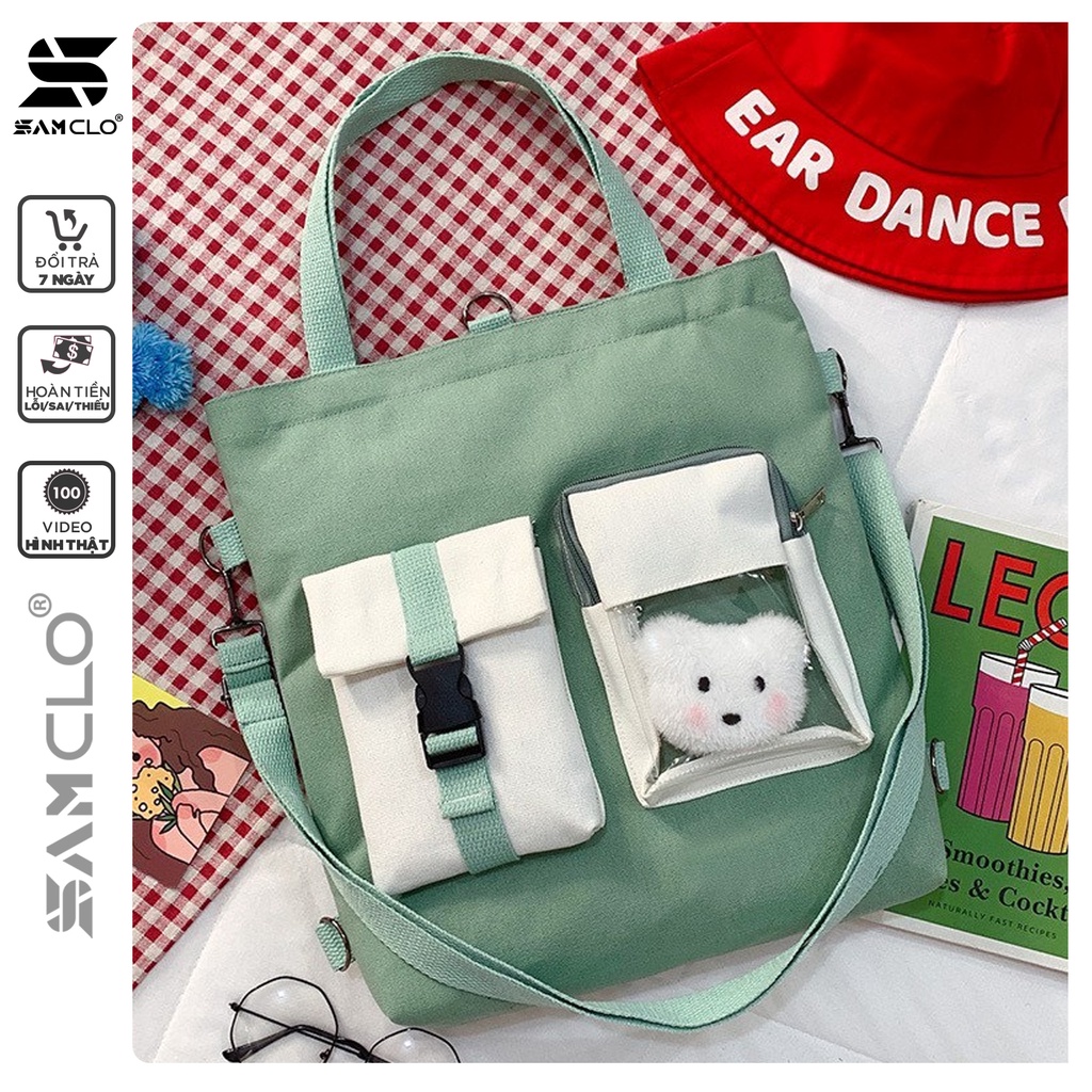 Túi đeo chéo SAM CLO bag canvas thời trang Hàn Quốc ULZZANG kèm phụ kiện, đựng sách, đi chơi, đi học GẤU BÔNG MỘT KHÓA