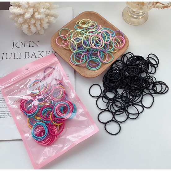 Túi 100 dây thun Chun buộc tóc cho bé gái, chun, màu sắc sặc sỡ loại trơn