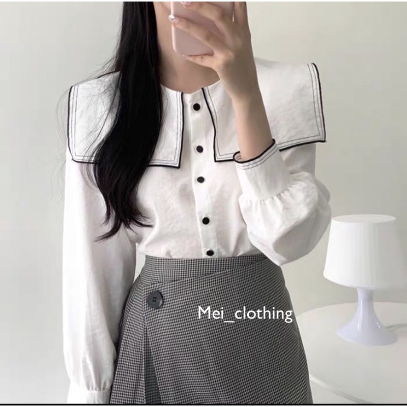 [Ảnh thật/sẵn] Áo sơmi cổ vuông viền đen thanh lịch/ sơ mi nữ