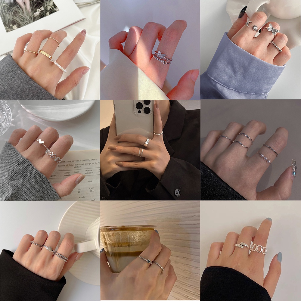 iF YOU Bộ Nhẫn Màu Bạc Hình Trái Tim/Bướm Đính Ngọc Trai Phong Cách Hàn Quốc Cổ Điển Thời Trang Cho Nữ