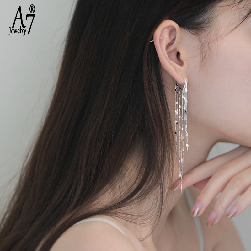 A7| Bông Tai Bạc 925 Dáng Dài Phối Tua Rua Hình Trái Tim Thời Trang X4Y51