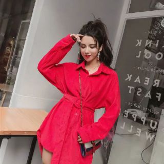 Đầm sơ mi nhung kèm belt