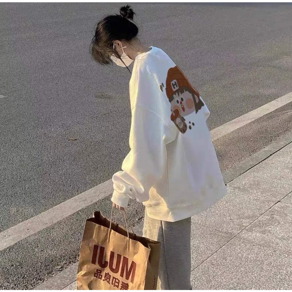 Áo sweater nỉ bông Tihik,Nỉ Cotton Cổ Tròn Rộng Hình In 5D Nam Nữ form rộng phong cách học sinh, hàn quốc