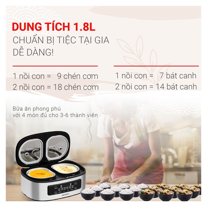 Nồi Cơm Điện Tử 2 Ngăn Sharp KN-TC50VN, 1.8lit - 900w, Nấu Đa Năng Cùng Lúc 2 Lòng Nồi, Hàng Chính Hãng