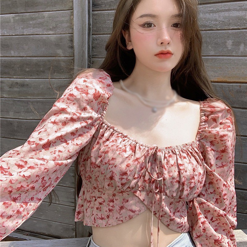 Áo Croptop Vải Voan Tay Dài In Hoa Xinh Xắn Cho Nữ
