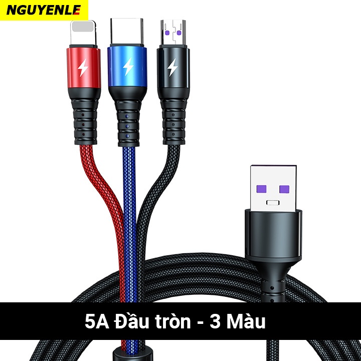 Cáp sạc nhanh 5A QC 3.0 đa năng 3 in 1 chống gãy hỗ trợ sạc nhanh
