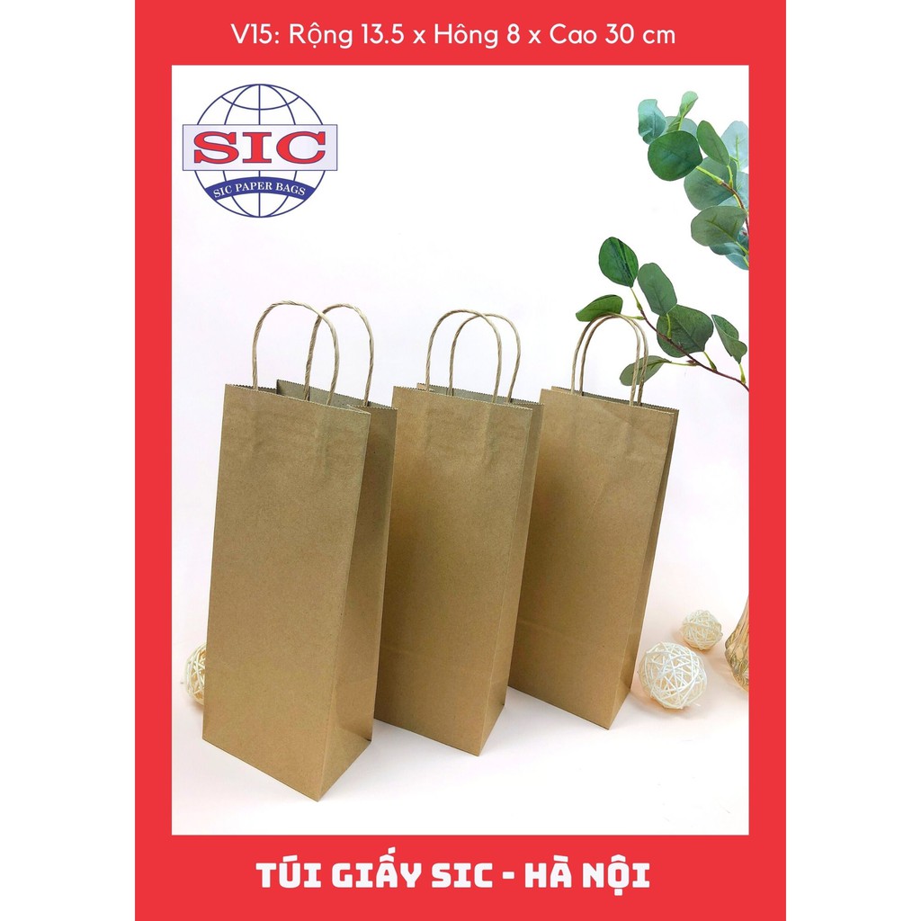 [SET 100 CHIẾC] TÚI GIẤY KRAFT V15: 13.5x8x33 MÀU NÂU CÓ QUAI ( ẢNH THẬT)