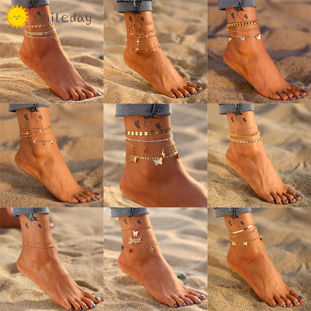 Lắc chân nhiều lớp phối mặt hình chữ thập và bươm bướm phong cách thời trang cổ điển