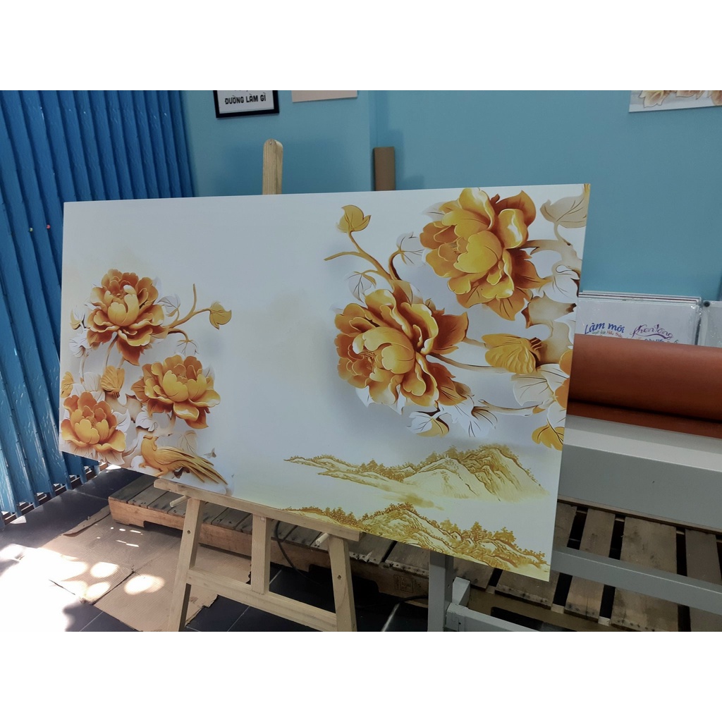 Tranh Gỗ Cao Cấp - Tranh Treo Tường Phong Thủy Phòng Khách, Phòng Ngủ Hoa Mẫu Đơn Vàng Và Phong Cảnh