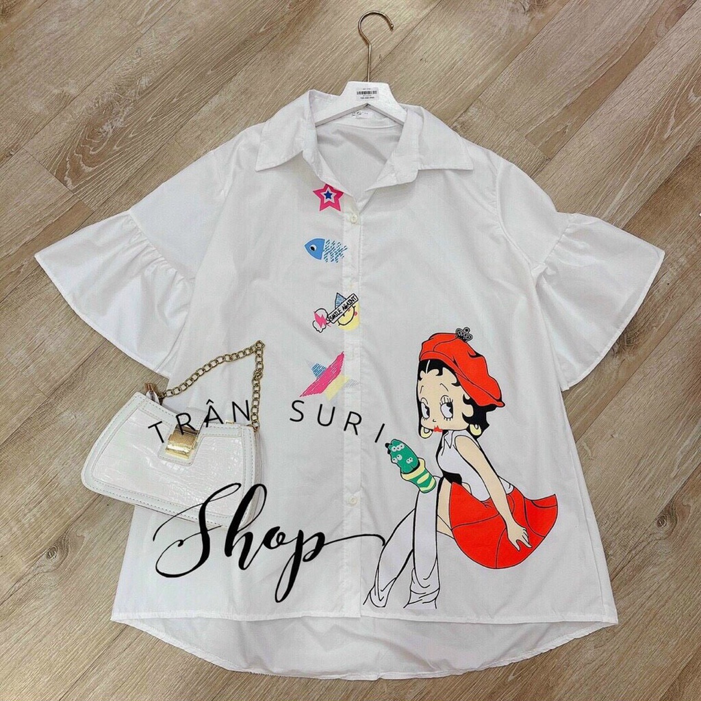 [ Miễn phí ship 2022] Áo tiểu thư babydoll, áo sơ mi in hình cô gái tay loe dáng ngắn xoè, áo bánh bèo đi chơi xinh xắn