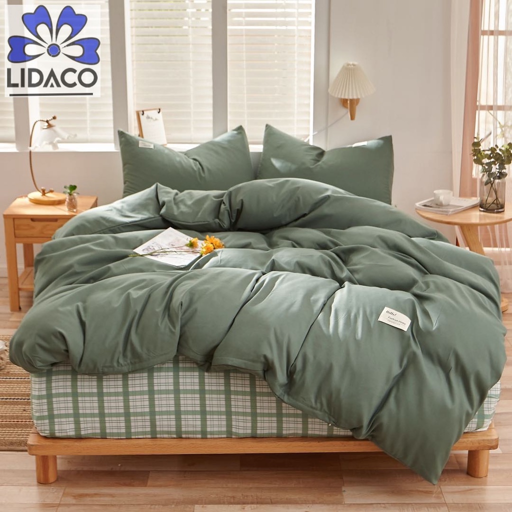 Bộ chăn ga gối cotton tici mix drap caro Lidaco cotton đũi trơn dày decor phòng ngủ vintage đủ mọi cỡ nệm