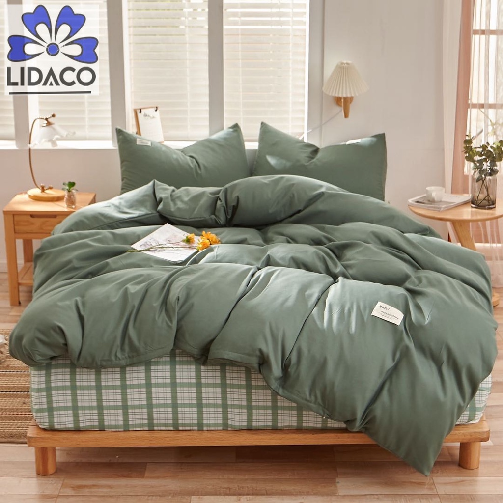 Bộ vỏ chăn ga gối cotton tici mix drap caro Lidaco cotton đũi trơn dày decor phòng ngủ vintage đủ mọi cỡ nệm