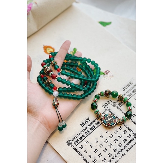 Chuỗi Hạt Lưu Ly  mix charm inlay Tây Tạng khảm đá thủ công