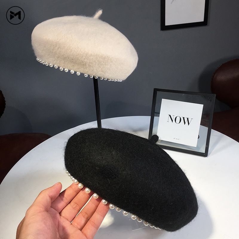 Mũ Beret Len Lông Cừu Đính Ngọc Trai Phong Cách Anh Quốc Thời Trang Thu Đông Cho Nữ