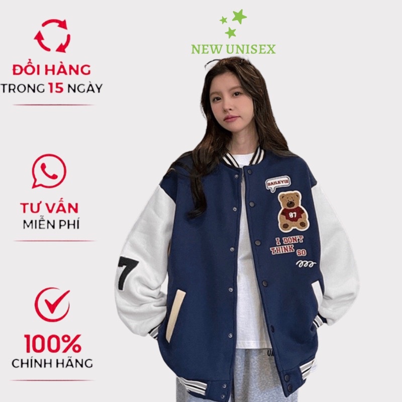 Áo Khoác Nỉ Bomber Nữ Gấu Nâu 87 Nút Bấm Phối Tay Khác Màu Kiểu Dáng Bóng Chày Form Rộng Mặc Hợp 4 Mùa Thoải Mái [NEW UN