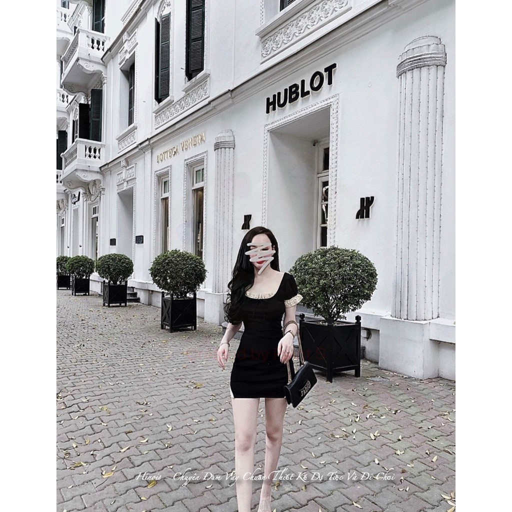 [HINOIS] Đầm Thun Body Ngắn, Có Phối Ren Ở Cổ, Tay Và 2 Đường Xẻ Đùi, Màu Đen-Hồng | BigBuy360 - bigbuy360.vn