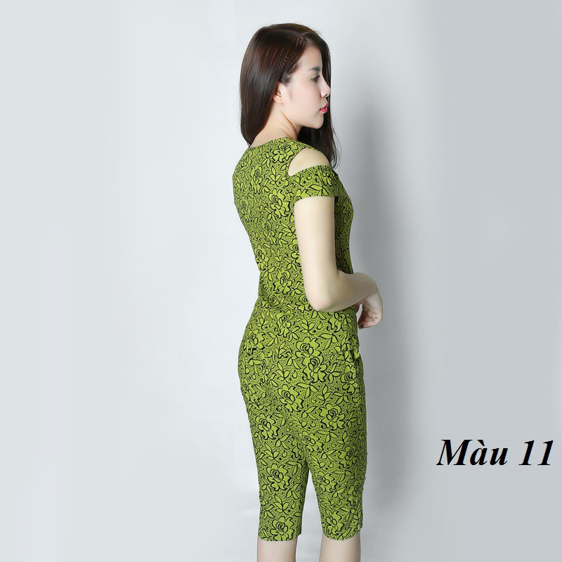 Bộ mặc nhà lanh Vicci BN078 áo cộc tay hở vai quần lửng họa tiết nhiều màu