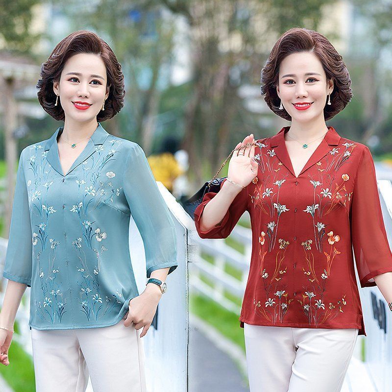 2022 mẹ mới áo sơ mi mùa hè cho người già voan trung niên và phông ba phần tư tay