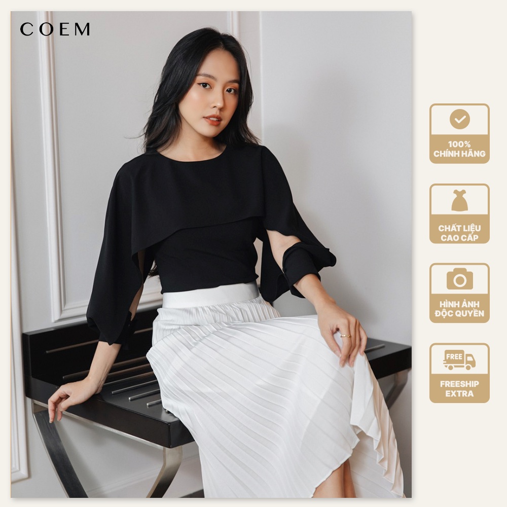 Áo Thun Nữ Tay Dài Kiểu Cut-out Ôm Body Chất Liệu Solid Cotton CO EM Màu Đen Tay Phồng Phong Cách Công Sở Siêu Quyến Rũ