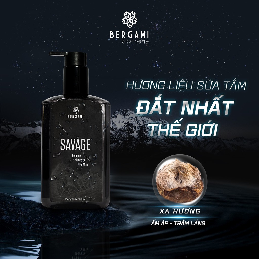 Combo Sữa tắm nước hoa nam Bergami Savage 330ml &amp; Nước hoa nam Bergami Savage Gỗ Xồi  35ml