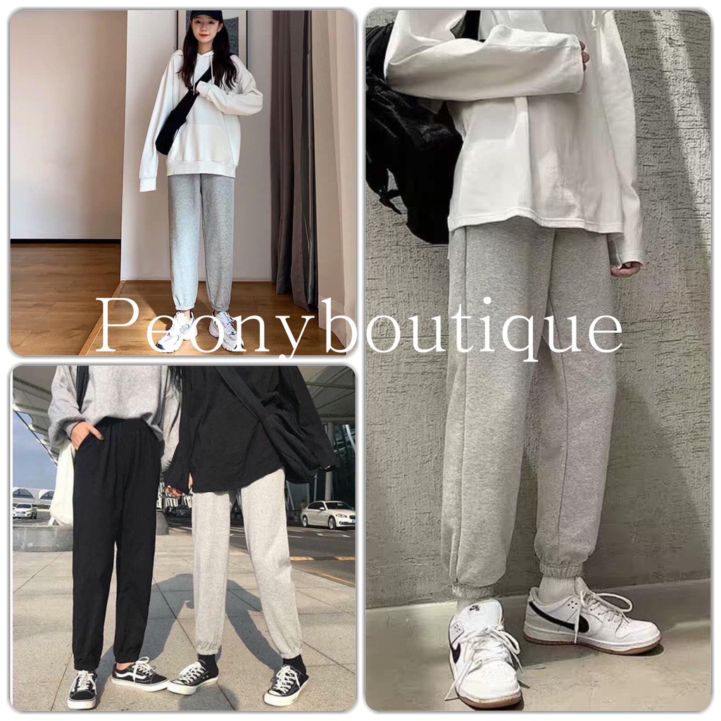 Quần Thun Nỉ GOURD Unisex  🌸 Jogger dáng thụng ống rộng bo gấu màu ĐEN | XÁM Ulzzang nam nữ SIÊU HOT 🌸