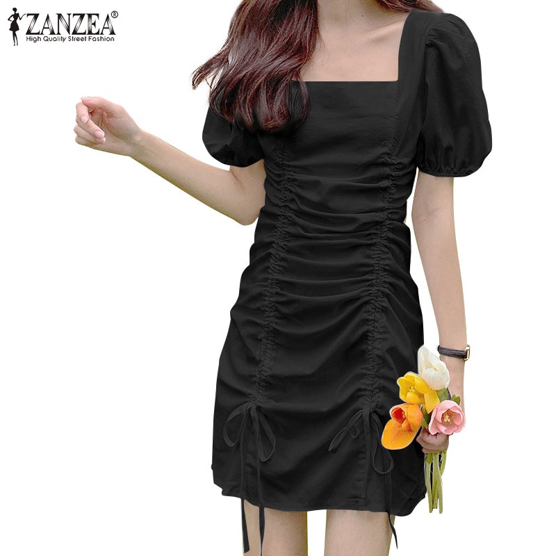 Đầm mini ZANZEA cổ vuông tay phồng lưng cao phối dây rút thời trang Hàn Quốc cho nữ