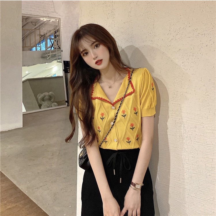 Áo thun polo ZHELIHANGFEI dệt kim tay ngắn thêu hoa phối ren dễ thương thời trang