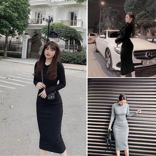 Váy body len tăm dài tay cổ tròn dáng dài-đầm ôm len tăm
