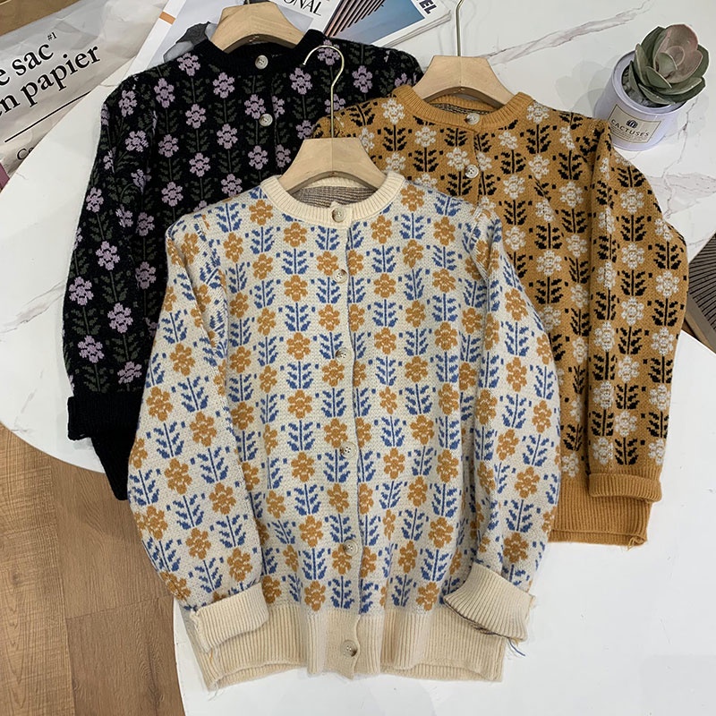 NUZIRO  Áo khoác len cardigan  cổ tròn họa tiết hoa phong cách Hàn Quốc mới cho nữ