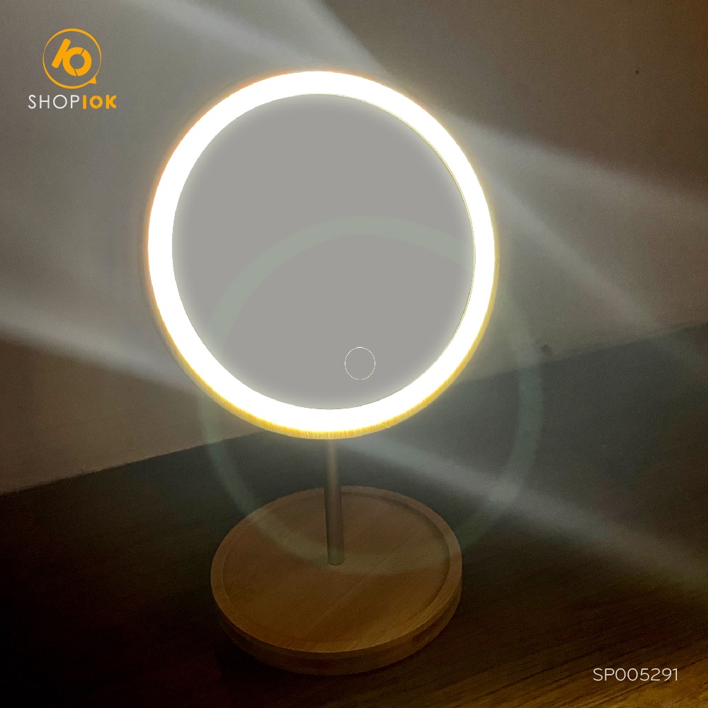 Gương gỗ trang điểm hình tròn, soi ánh sáng đèn led phong cách hiện đại – SP005291