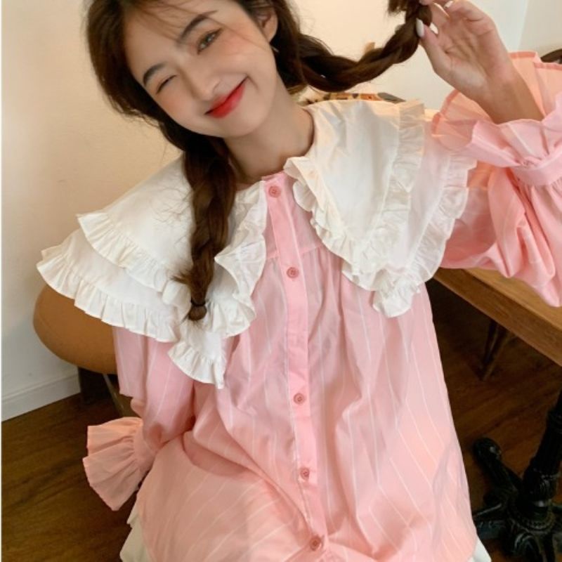 Áo Sơ Mi Cổ Búp Bê Phối Ren Cài Nút Phong Cách Mùa Thu Mới Dễ Phối Đồ Cho Nữ