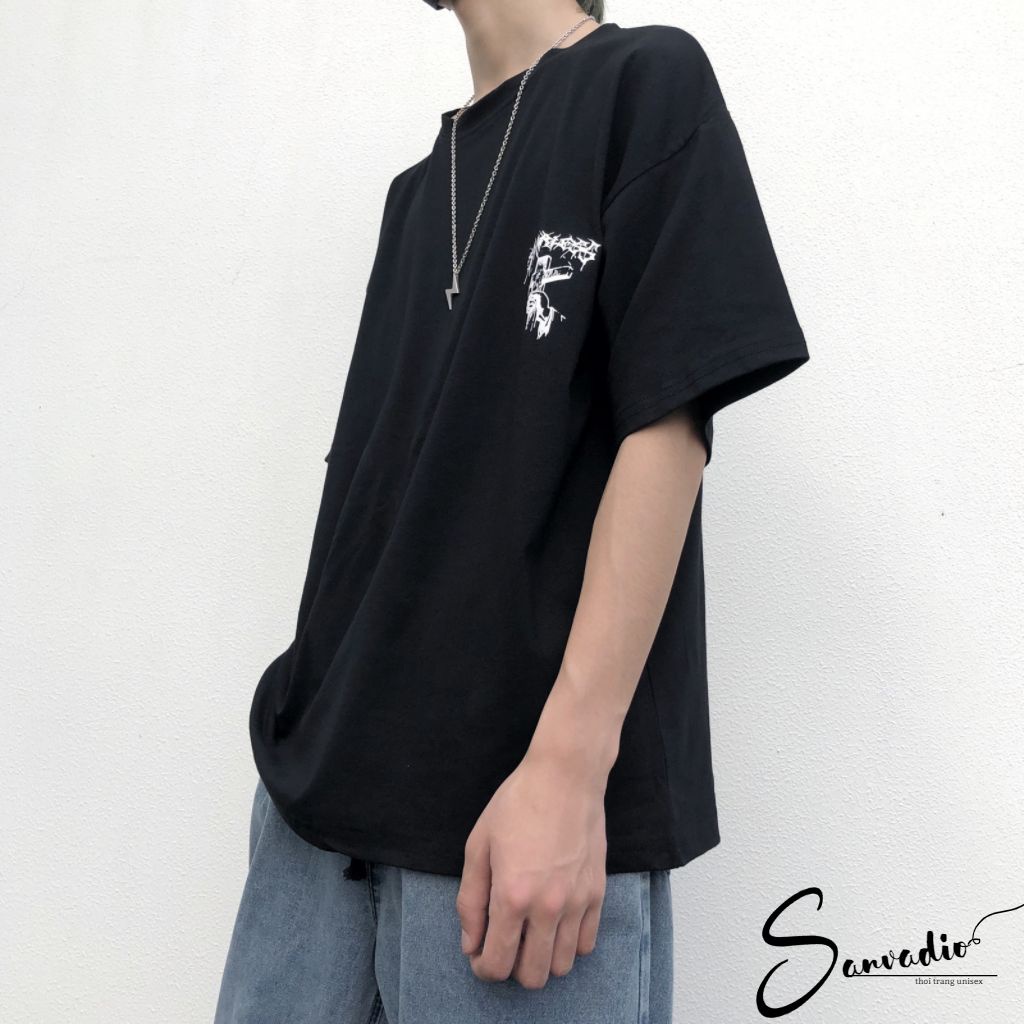 Áo thun SANVADIO unisex tay lỡ phông form rộng oversize 2 màu cam và đen cotton dáng xuông