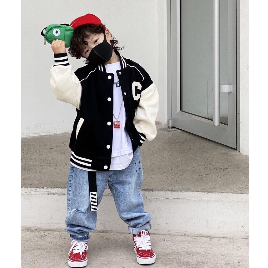 A123- Áo khoác bomber bé trai chữ C size 90 -140, quần áo trẻ em thu đông cao cấp