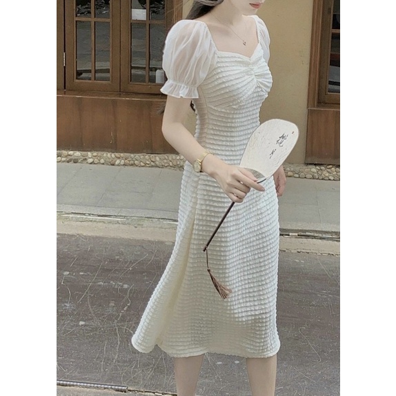 Váy midi voan nhún phối tay voan