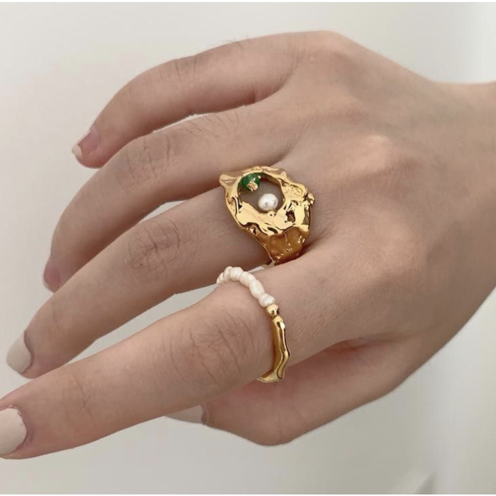 Nhẫn nữ co giãn ngọc trai nhân tạo nhí mạ vàng hợp kim titan phong cách Âu Mỹ cá tính Boho siêu đẹp