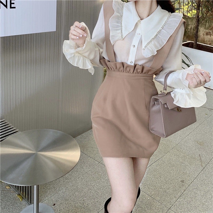 Set áo sơ mi tay dài phồng và đầm hai dây lưng cao ôm dáng thời trang dành cho nữ