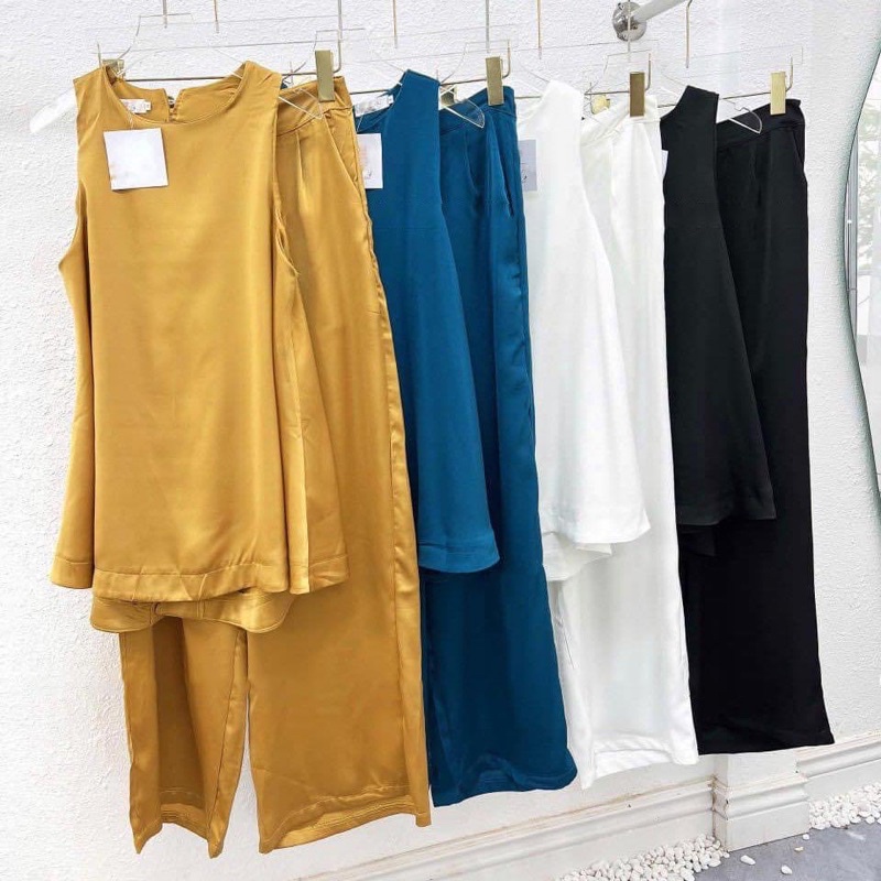 Set đồ bộ lụa sát nách quần dài khoét lưng