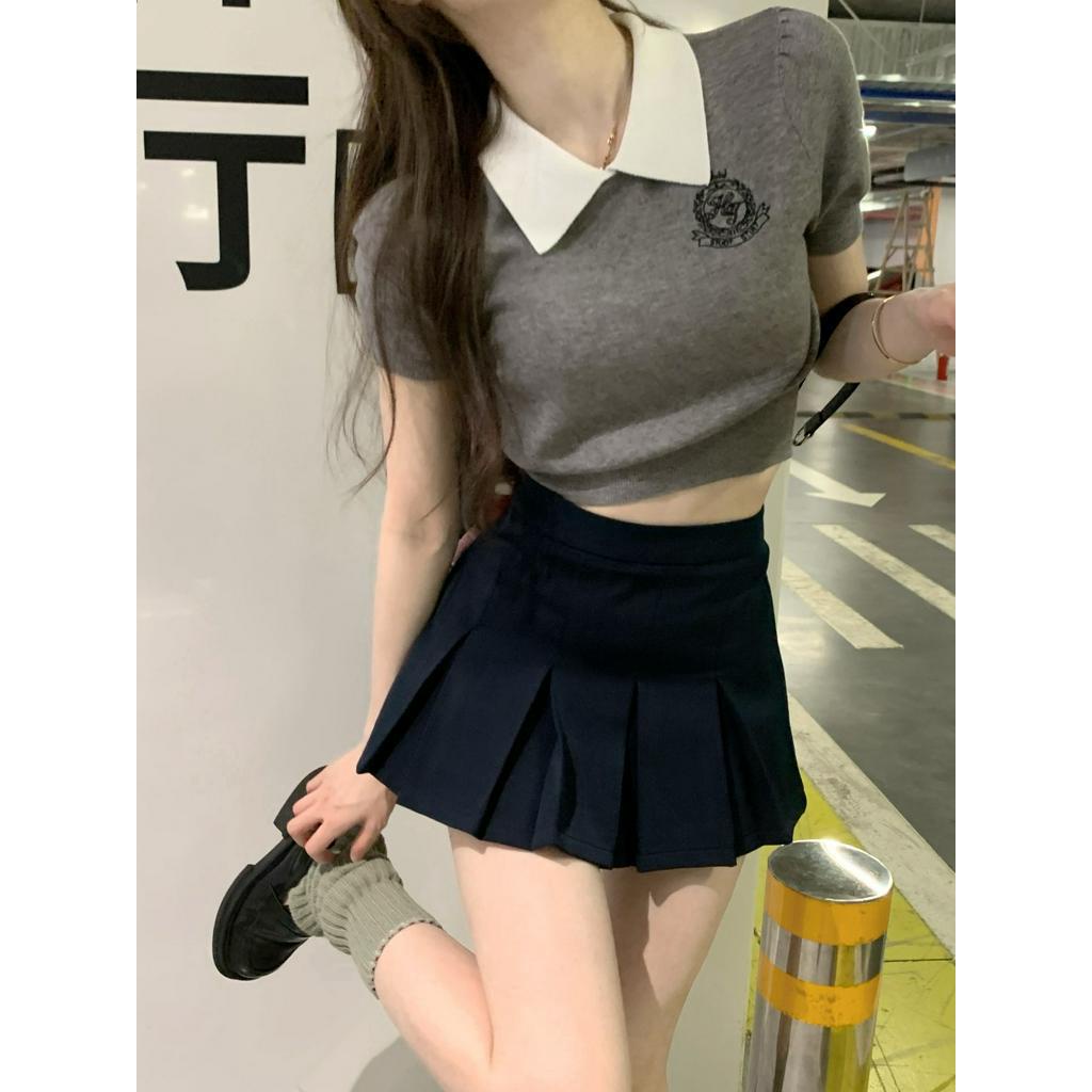 Áo Thun Dệt Kim Mỏng Cổ Mép Lật Ngắn Tay Thời Trang Mùa Hè Dành Cho Nữ 6347