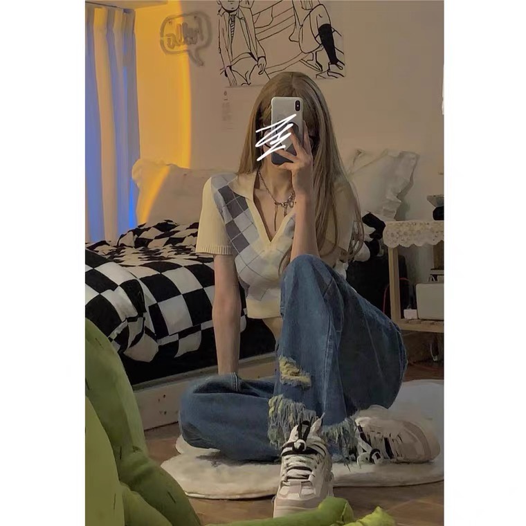 Áo Thun Dệt Kim Ngắn Tay Đính Đá Thời Trang Hàn Quốc Cho Nữ