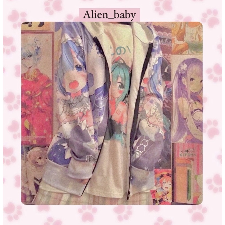 Áo khoác hoodie zip in hình anime nhân vật REM