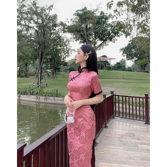 Sườn Xám Cách Tân Trung Hoa Dáng Dài Nữ Tết 2022 Ôm Body Chất Gấm  Màu Đỏ, Vàng, Hồng, Đen Mati House