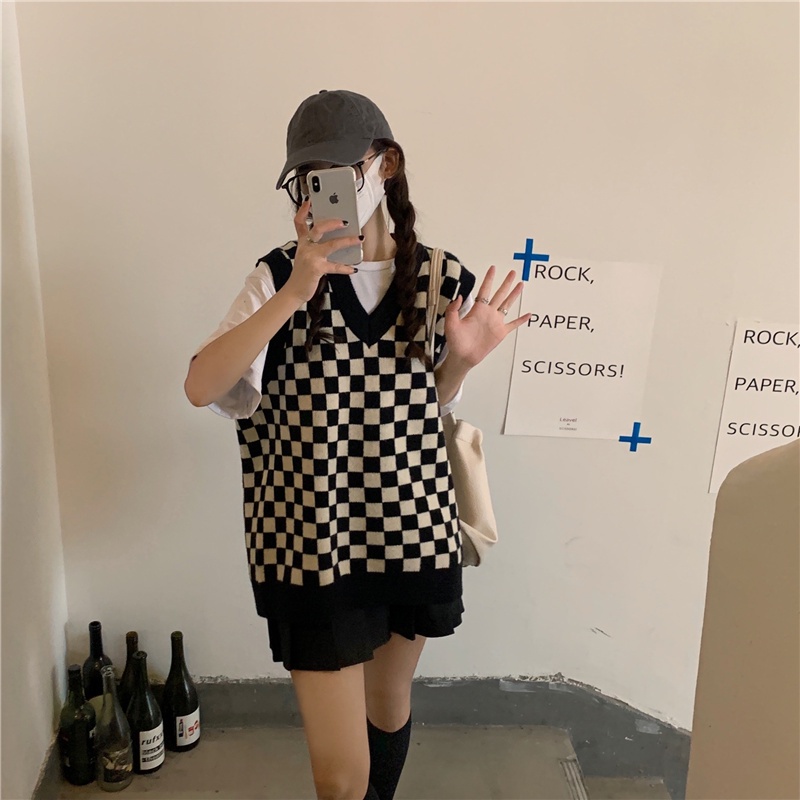 Áo len không tay cổ chữ V dáng rộng họa tiết sọc ca rô phong cách retro  | BigBuy360 - bigbuy360.vn