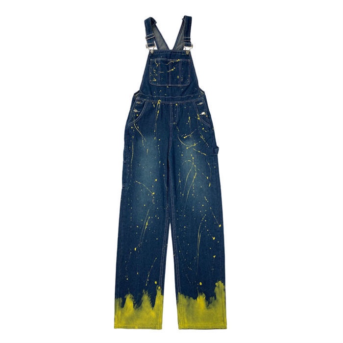 High street European and American style vibe style splash-ink denim suspender pants Women's American style retro large size plump girls loose straight wide leg pants 3HOV